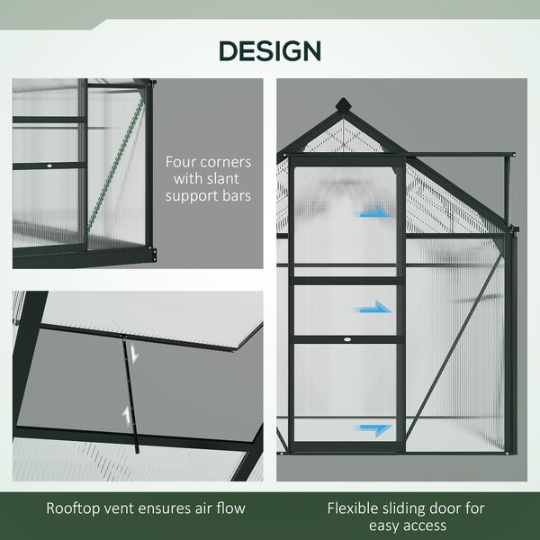Outsunny Polycarbonate Greenhouse Large Walk-In Green House Garden Plants Grow Galvanized Base Aluminium Frame w/ Slide Door, 6 x 4ft, Grey Aosom UK