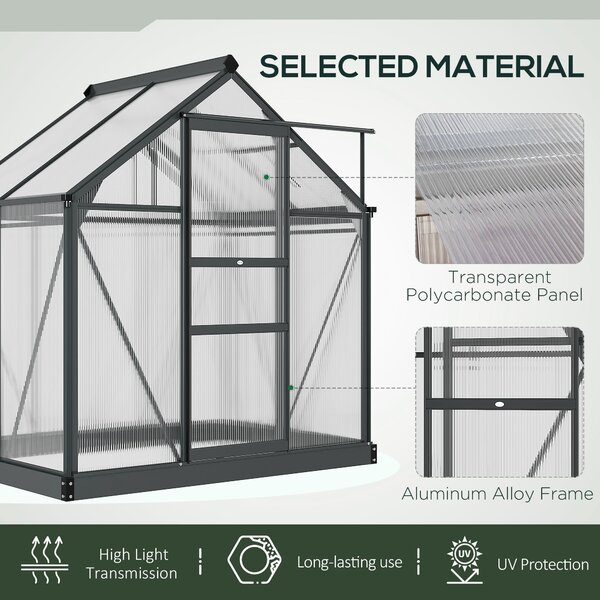 Outsunny Polycarbonate Greenhouse Large Walk-In Green House Garden Plants Grow Galvanized Base Aluminium Frame w/ Slide Door, 6 x 4ft, Grey Aosom UK