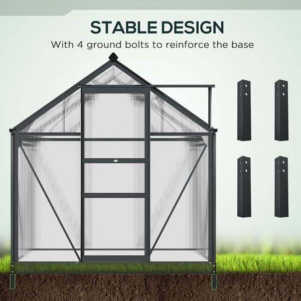 Outsunny Polycarbonate Greenhouse Large Walk-In Green House Garden Plants Grow Galvanized Base Aluminium Frame w/ Slide Door, 6 x 4ft, Grey Aosom UK