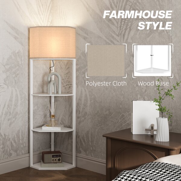 HOMCOM Corner Floor Lamp with Shelves, Tall Standing Lamps for Living Room, with Pull Chain Switch Bulb not Included, White Aosom UK