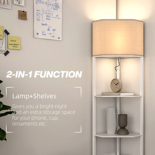 HOMCOM Corner Floor Lamp with Shelves, Tall Standing Lamps for Living Room, with Pull Chain Switch Bulb not Included, White Aosom UK