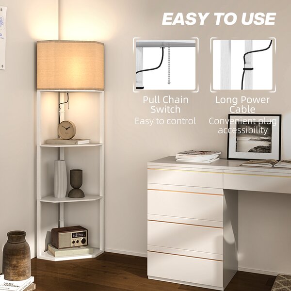 HOMCOM Corner Floor Lamp with Shelves, Tall Standing Lamps for Living Room, with Pull Chain Switch Bulb not Included, White Aosom UK