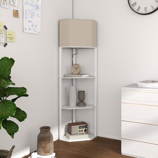 HOMCOM Corner Floor Lamp with Shelves, Tall Standing Lamps for Living Room, with Pull Chain Switch Bulb not Included, White Aosom UK