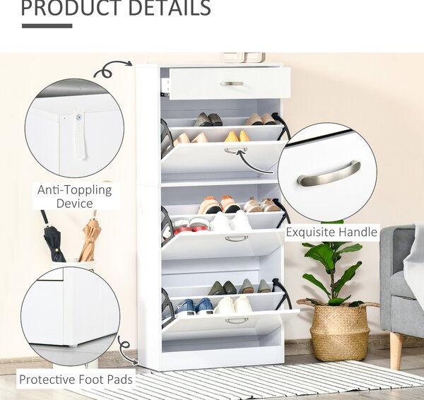 HOMCOM Shoe Cabinet with 4 Drawers Storage High Gloss Cupboard w/ Flip Doors Pull Down Furniture Unit w/ Adjustable Shelves for 18 Pairs Aosom UK