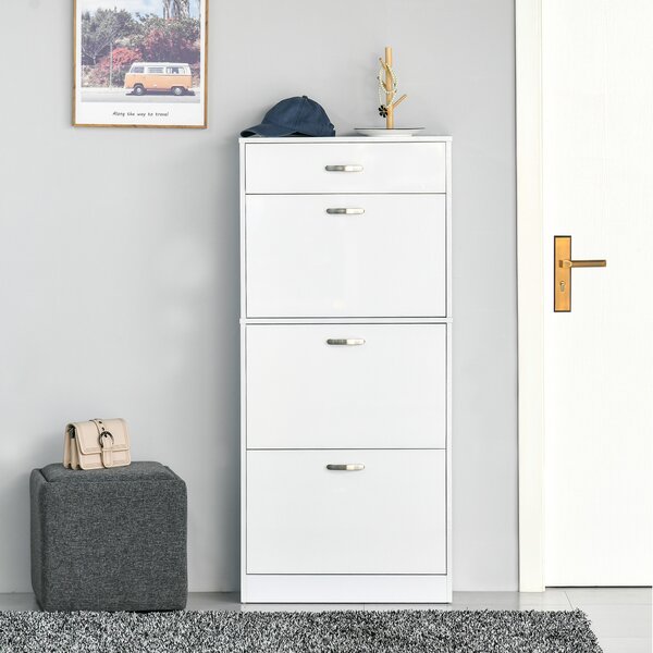 HOMCOM Shoe Cabinet with 4 Drawers Storage High Gloss Cupboard w/ Flip Doors Pull Down Furniture Unit w/ Adjustable Shelves for 18 Pairs Aosom UK