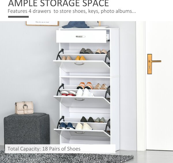 HOMCOM Shoe Cabinet with 4 Drawers Storage High Gloss Cupboard w/ Flip Doors Pull Down Furniture Unit w/ Adjustable Shelves for 18 Pairs Aosom UK