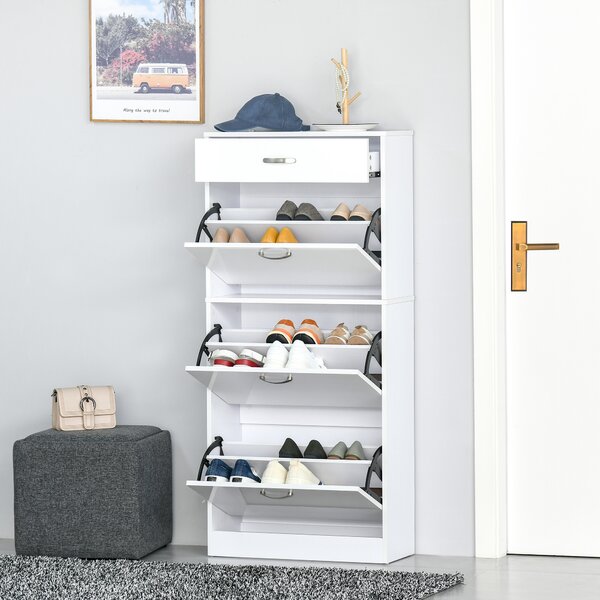 HOMCOM Shoe Cabinet with 4 Drawers Storage High Gloss Cupboard w/ Flip Doors Pull Down Furniture Unit w/ Adjustable Shelves for 18 Pairs Aosom UK
