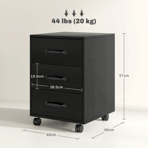 HOMCOM 3 Drawer File Cabinet, Mobile Filing Cabinet on Wheels for Home Office, Study, Black Aosom UK