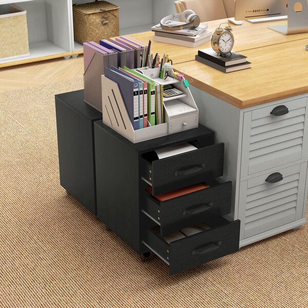 HOMCOM 3 Drawer File Cabinet, Mobile Filing Cabinet on Wheels for Home Office, Study, Black Aosom UK