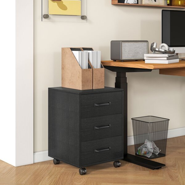 HOMCOM 3 Drawer File Cabinet, Mobile Filing Cabinet on Wheels for Home Office, Study, Black Aosom UK