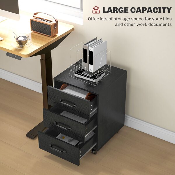 HOMCOM 3 Drawer File Cabinet, Mobile Filing Cabinet on Wheels for Home Office, Study, Black Aosom UK
