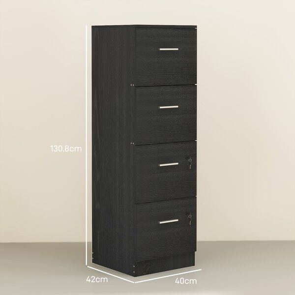 HOMCOM Filing Cabinet with 4 Drawers for Home Office, Tall File Storage Cabinet with Lock, Adjustable Hanging Bar for A4 and Letter Size, Black Aosom UK