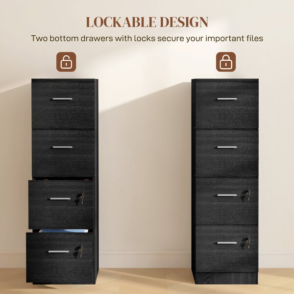 HOMCOM Filing Cabinet with 4 Drawers for Home Office, Tall File Storage Cabinet with Lock, Adjustable Hanging Bar for A4 and Letter Size, Black Aosom UK