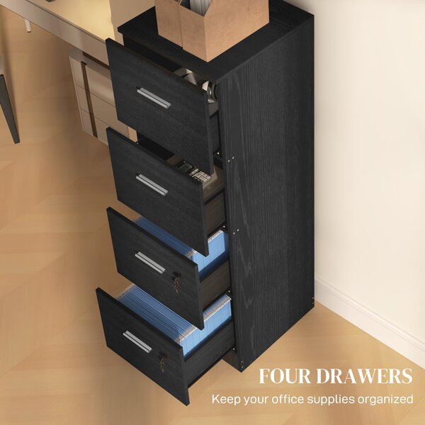 HOMCOM Filing Cabinet with 4 Drawers for Home Office, Tall File Storage Cabinet with Lock, Adjustable Hanging Bar for A4 and Letter Size, Black Aosom UK