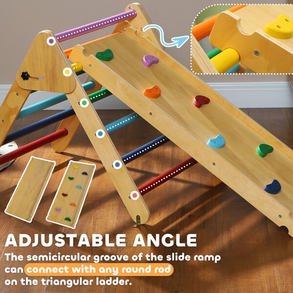 AIYAPLAY Toddler Climbing Frame for Kids with Ramp, 3 in 1 Wooden Pikler Triangle Set for 18-48 Months, Multicolour Aosom UK