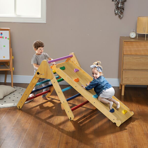 AIYAPLAY Toddler Climbing Frame for Kids with Ramp, 3 in 1 Wooden Pikler Triangle Set for 18-48 Months, Multicolour Aosom UK