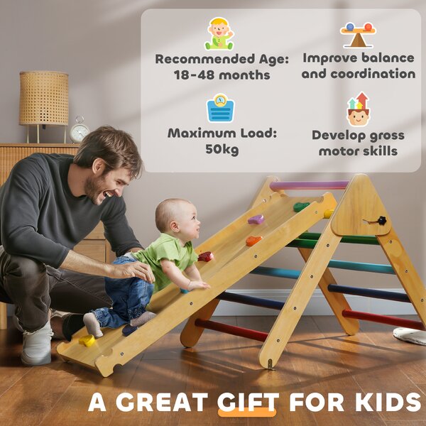 AIYAPLAY Toddler Climbing Frame for Kids with Ramp, 3 in 1 Wooden Pikler Triangle Set for 18-48 Months, Multicolour Aosom UK