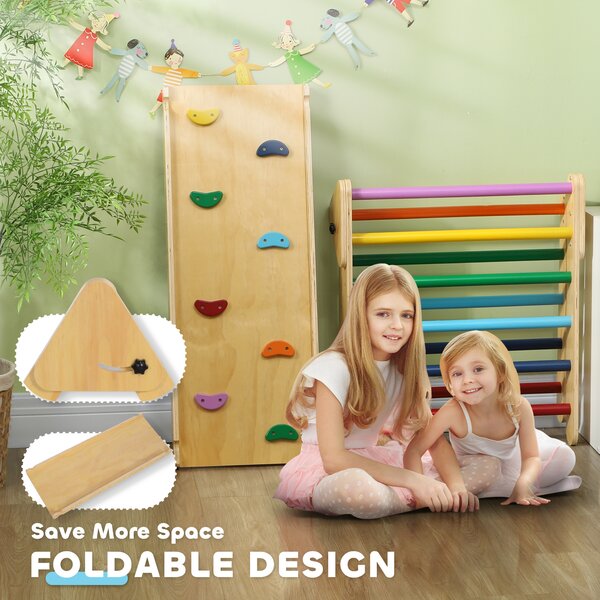 AIYAPLAY Toddler Climbing Frame for Kids with Ramp, 3 in 1 Wooden Pikler Triangle Set for 18-48 Months, Multicolour Aosom UK