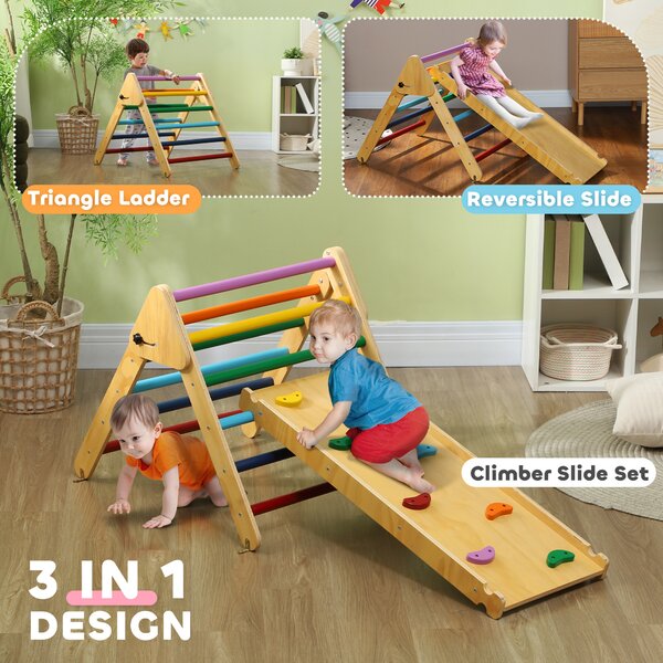 AIYAPLAY Toddler Climbing Frame for Kids with Ramp, 3 in 1 Wooden Pikler Triangle Set for 18-48 Months, Multicolour Aosom UK