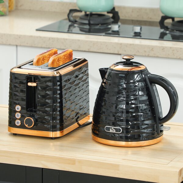 HOMCOM 3000W 1.7L Rapid Boil Kettle & 2 Slice Toaster, Kettle and Toaster Set with 7 Browning Controls and Crumb Tray, Black