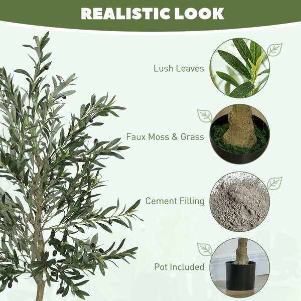 HOMCOM 6ft/ 180cm Decorative Artificial Plant, Silk Olive Tree with 900 Leaves and 40 Olive Fruits in Pot, Fake Plant for Home, Office, Living Room, Indoor Decor