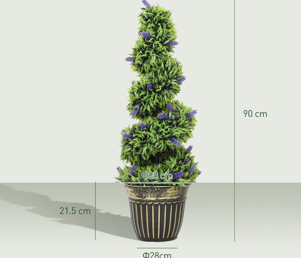 HOMCOM Set of 2 Decorative Artificial Plants, Boxwood Spiral Topiary Tree with Lavender and Pot, Fake Plants for Home Indoor Outdoor Decor, 90cm
