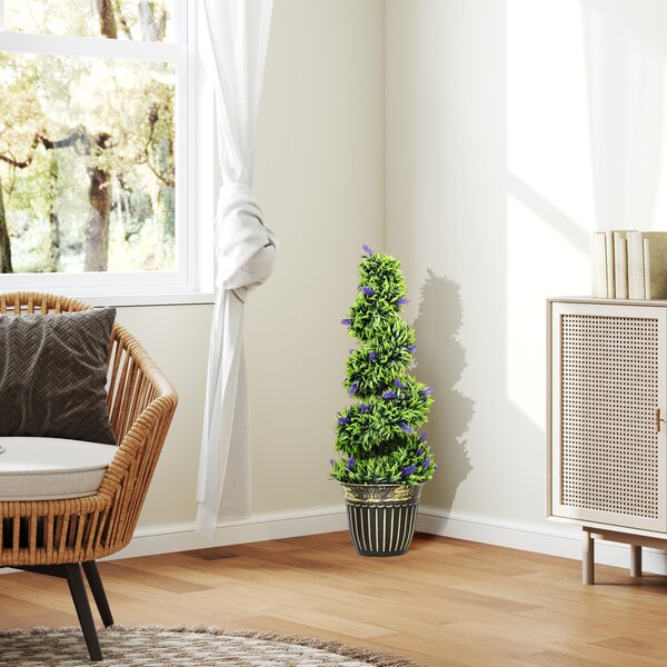 HOMCOM Set of 2 Decorative Artificial Plants, Boxwood Spiral Topiary Tree with Lavender and Pot, Fake Plants for Home Indoor Outdoor Decor, 90cm