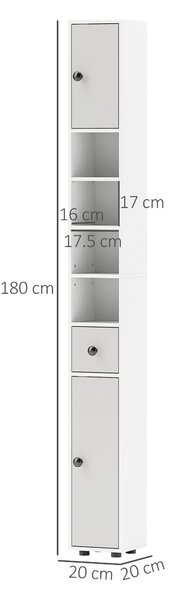 Kleankin 180cm Slim Bathroom Cabinet, with Drawer, Shelves and Cupboards - Light Grey
