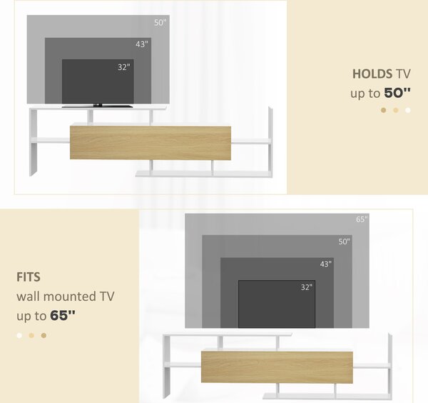 HOMCOM TV Cabinet with Wall Shelf for Wall-Mounted 65" TVs or Standing 40" TVs - White and Natural