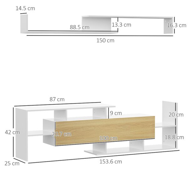 HOMCOM TV Cabinet with Wall Shelf for Wall-Mounted 65" TVs or Standing 40" TVs - White and Natural
