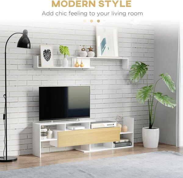HOMCOM TV Cabinet with Wall Shelf for Wall-Mounted 65" TVs or Standing 40" TVs - White and Natural