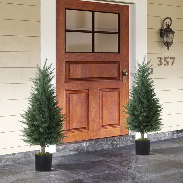 HOMCOM Set of 2 Decorative Artificial Plant, 90 cm Cypress Tree with 362 Leaves in Pot, UV-Resistant Plastic Fake Tree for Indoor Outdoor Home Office
