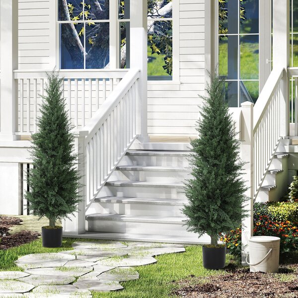 HOMCOM Set of 2 Decorative Artificial Plant, 120 cm Cypress Tree with 638 Leaves in Pot, UV-Resistant Plastic Fake Tree for Indoor Outdoor Home Office
