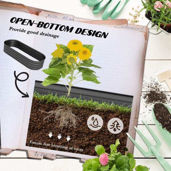 Outsunny Galvanised Raised Garden Bed, Metal Planter Box with Safety Edging, for Flowers, Herbs, Succulents, Pack of 2, Dark Grey
