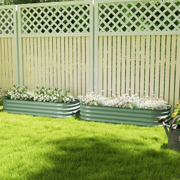 Outsunny Galvanised Raised Garden Bed, Metal Planter Box with Safety Edging, for Flowers, Herbs, Succulents, Pack of 2, Green