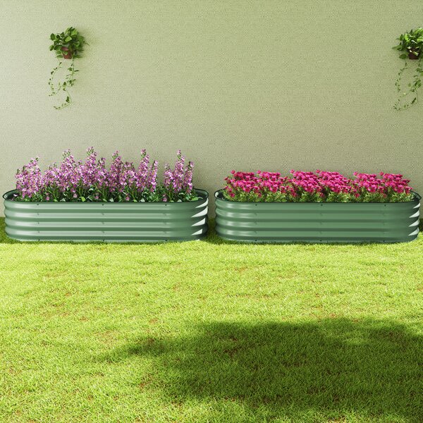 Outsunny Galvanised Raised Garden Bed, Metal Planter Box with Safety Edging, for Flowers, Herbs, Succulents, Pack of 2, Green