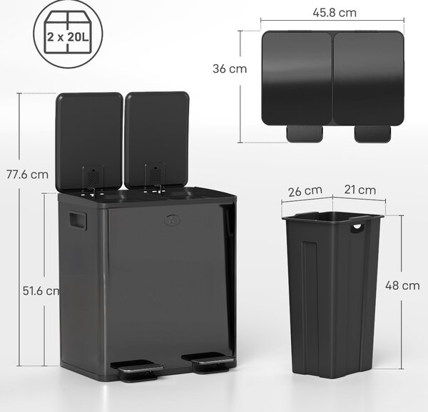 HOMCOM 40L Dual Compartment Stainless Steel Bin, with Deodoriser Holders - Glossy Black