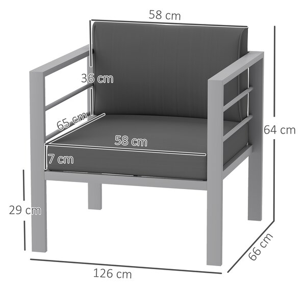 Outsunny Garden Sofa Set of 2, All-Weather Garden Sofa Set with Removable Cushions, Metal Frame Outdoor Furniture for Balcony, Charcoal Grey