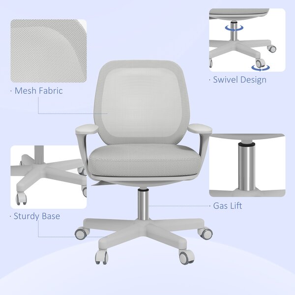 Vinsetto Office Chair, Breathable Mesh Swivel Desk Chair with Adjustable Height and 360° Swivel Security Wheels for Home Office, Study, Grey