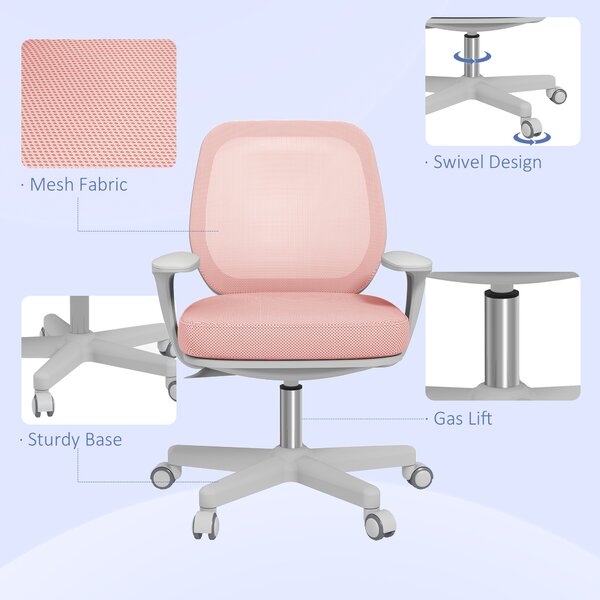 Vinsetto Office Chair, Breathable Mesh Swivel Desk Chair with Adjustable Height and 360° Swivel Security Wheels for Home Office, Study, Pink