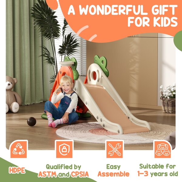 AIYAPLAY 3 in 1 Foldable Toddler Slide with Basketball Hoop, Climber, Carrot-themed, for 1-3 Years Aosom UK