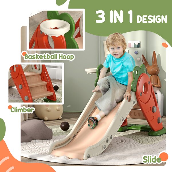AIYAPLAY 3 in 1 Foldable Toddler Slide with Basketball Hoop, Climber, Carrot-themed, for 1-3 Years Aosom UK