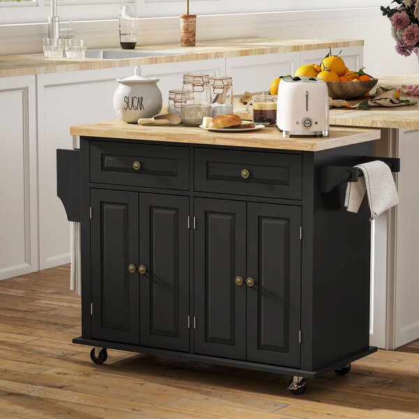HOMCOM Rolling Kitchen Island with Rubber Wood Top, Drawers and Storage Shelves, Black Aosom UK