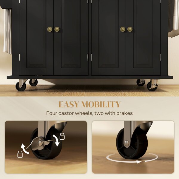 HOMCOM Rolling Kitchen Island with Rubber Wood Top, Drawers and Storage Shelves, Black Aosom UK