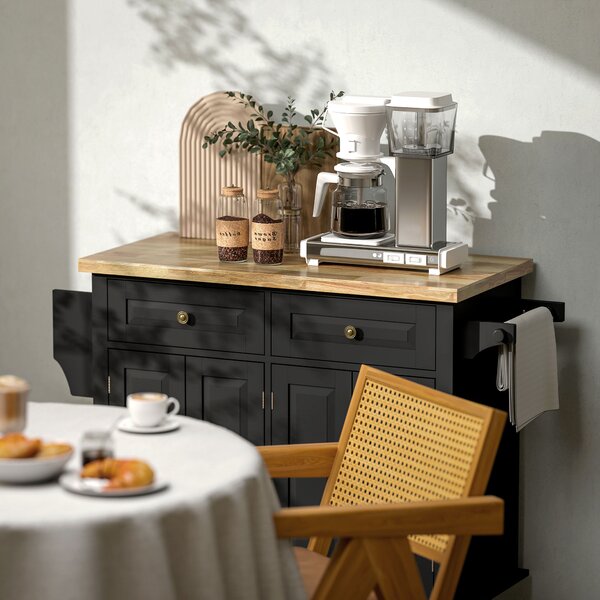 HOMCOM Rolling Kitchen Island with Rubber Wood Top, Drawers and Storage Shelves, Black Aosom UK