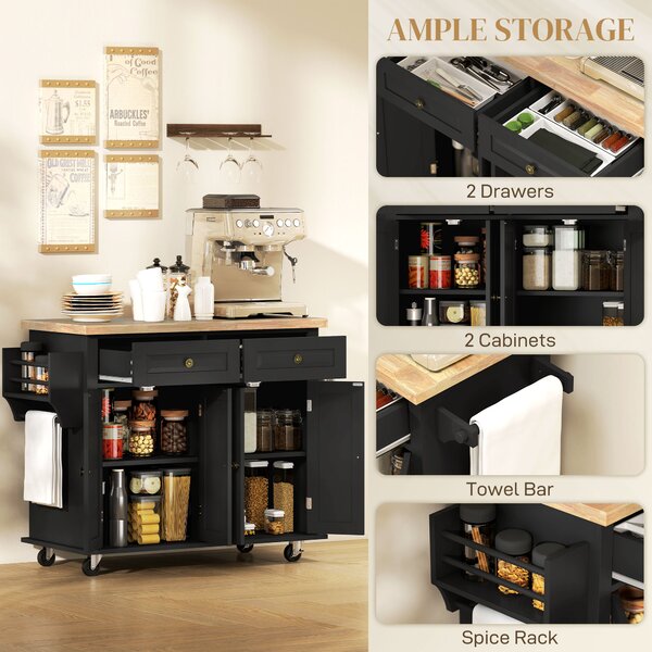 HOMCOM Rolling Kitchen Island with Rubber Wood Top, Drawers and Storage Shelves, Black Aosom UK