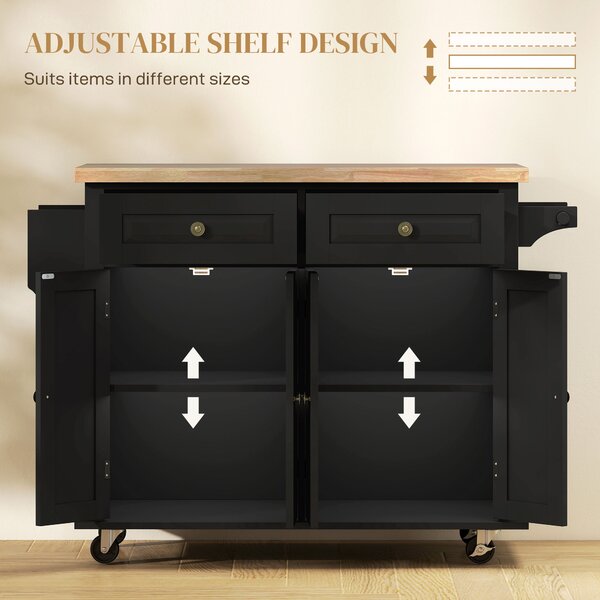 HOMCOM Rolling Kitchen Island with Rubber Wood Top, Drawers and Storage Shelves, Black Aosom UK