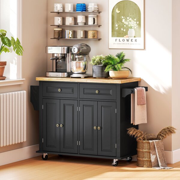 HOMCOM Rolling Kitchen Island with Rubber Wood Top, Drawers and Storage Shelves, Black Aosom UK
