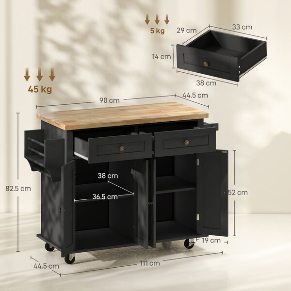 HOMCOM Rolling Kitchen Island with Rubber Wood Top, Drawers and Storage Shelves, Black Aosom UK