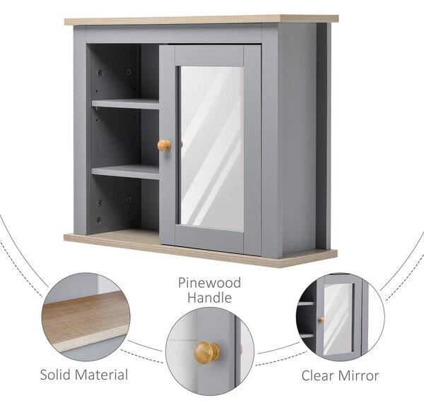 Kleankin Wall-Mounted Mirror Cabinet: Bathroom Storage with Door, Adjustable Shelf, Ideal for Hallways & Living Areas, Grey Aosom UK